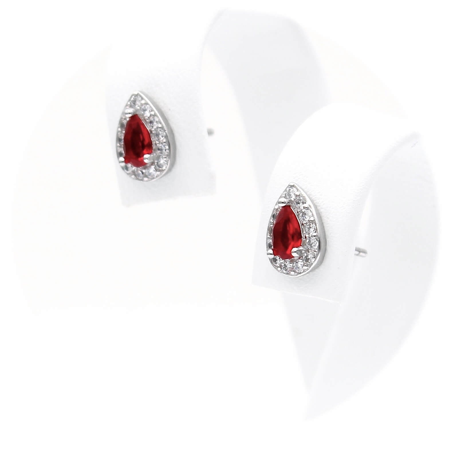 Ασημένια σκουλαρίκια ροζέτες σε σχήμα σταγόνας με κόκκινες πέτρες