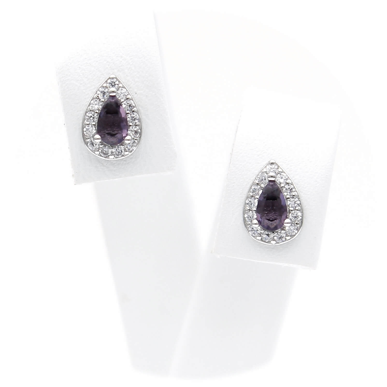 Ασημένια σκουλαρίκια ροζέτες σε σχήμα σταγόνας και μωβ πέτρες