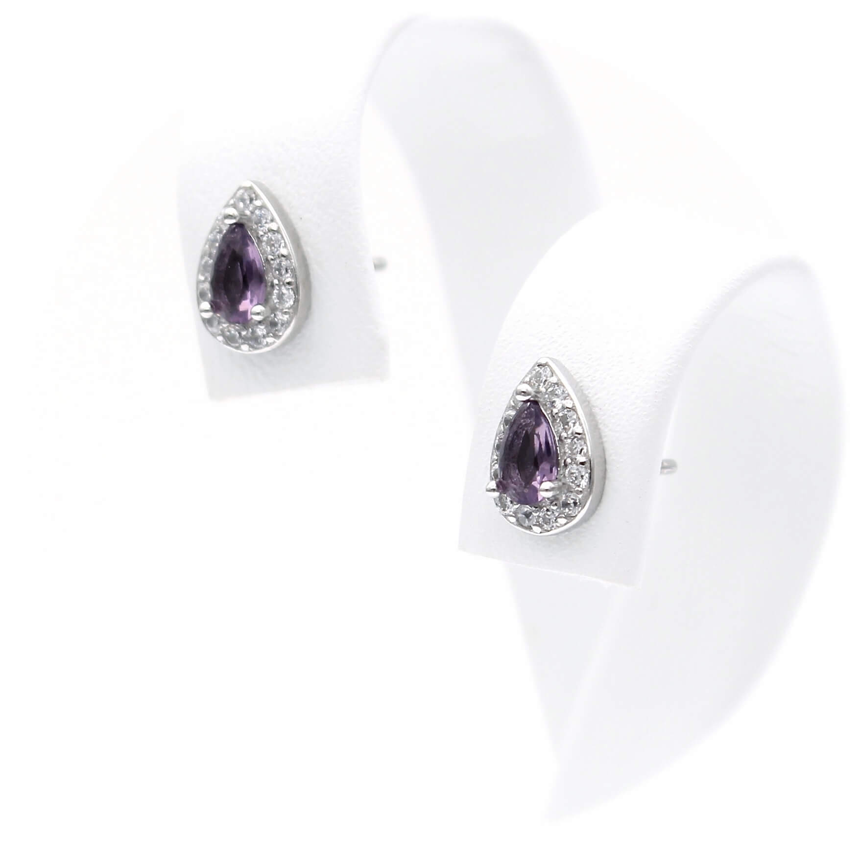 Ασημένια σκουλαρίκια ροζέτες σε σχήμα σταγόνας και μωβ πέτρες