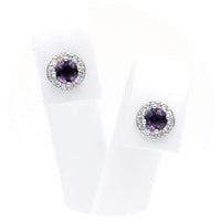 Ασημένια σκουλαρίκια ροζέτες σε στρογγυλό σχήμα με μωβ πέτρες ζιργκόν