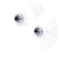 Ασημένια σκουλαρίκια ροζέτες σε στρογγυλό σχήμα με μωβ πέτρες ζιργκόν