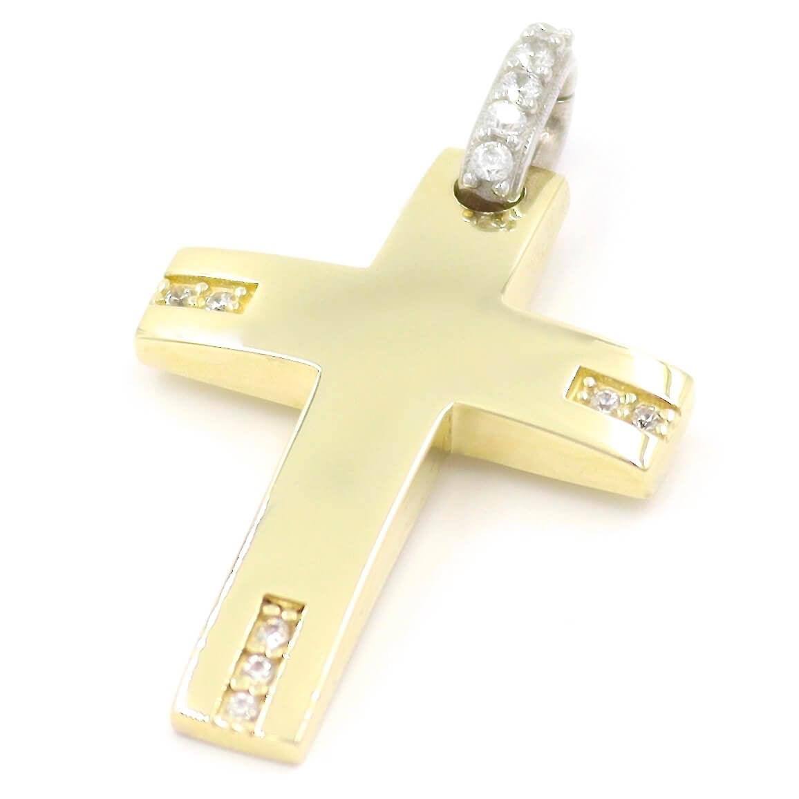 Χρυσός σταυρός σε διχρωμία με λευκές πέτρες ζιργκόν, σεταρισμένος με αλυσίδα 45 εκατοστών