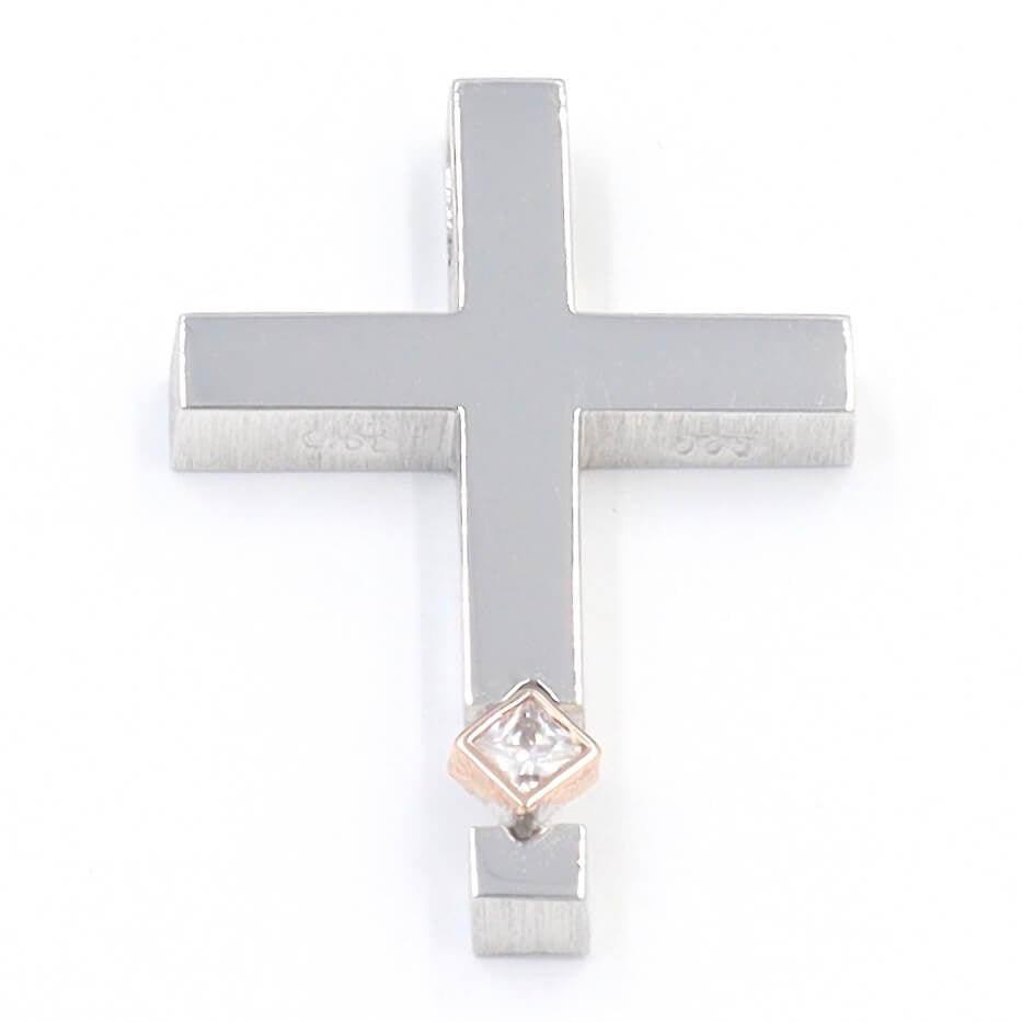 Βαπτιστικός σταυρός για κορίτσι, από λευκό και ροζ χρυσό. Τριάντος